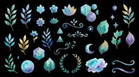 Watercolor botanical leaves, flowers, and celestial elements in blue, green, and gold tones isolated on transparent background. Ready for t-shirt design, clipart, stickers, sublimation, and print-on-demand projects.