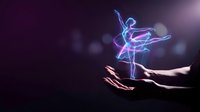 Glowing neon ballerina dancer floating above open hands with magical light effects on dark purple background for creative design projects.