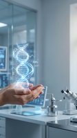 Holographic DNA double helix floating above cupped hands in modern laboratory setting with scientific equipment and data visualization elements.