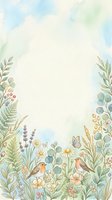 Soft watercolor floral border frame with birds, butterfly, daisies, lavender, and green leaves, featuring a blank center for text or design.