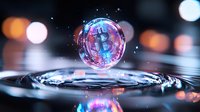 Glowing cryptocurrency symbol floating above rippling water surface with colorful bokeh lights in background, creating magical reflection and splash effect.