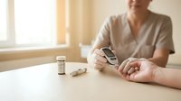 Healthcare professional measuring blood glucose levels with digital glucometer for diabetes management and monitoring patient health at medical clinic.