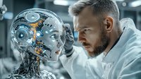 Caucasian male scientist in lab coat examining advanced humanoid robot head with exposed mechanical parts and glowing elements in modern laboratory setting.