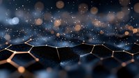 Molecular structure with glowing orange connection points against dark background with bokeh lights and sparkles creates futuristic scientific atmosphere.