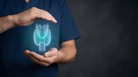 Healthcare professional protecting glowing thyroid gland hologram between hands, medical endocrinology concept for hormone treatment and wellness care.