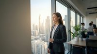 Caucasian female professional in dark business blazer standing at modern office window overlooking city skyline, contemplating career growth and urban business environment for corporate workplace concepts.