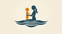 Mother and child silhouettes holding hands on stylized waves, representing family bond, maternal love, and connection across water elements for emotional design.