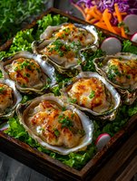 Fresh oysters topped with spicy sauce and herbs served on wooden tray with lettuce and vegetables. Gourmet seafood appetizer for restaurant menu.