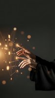Hands of a person in business attire interacting with glowing digital interface and light particles against dark background, representing technology, innovation, and digital transformation.