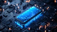 Glowing blue microprocessor on dark circuit board with electronic components, dramatic lighting highlights advanced computing technology and innovation.