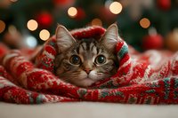Adorable tabby kitten wrapped in festive red knitted scarf with Christmas tree bokeh lights creating warm holiday atmosphere for seasonal greeting cards.