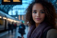 Young African American woman with natural curly hair smiling at train station platform, wearing purple winter coat. Blurred urban transit background with bokeh lights.