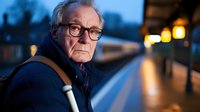 Senior Caucasian man with glasses and walking cane on urban bridge at dusk, contemplating life journey with city lights creating warm bokeh background.