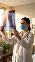 Female doctor examining chest x-ray film in medical office wearing protective face mask during healthcare consultation and diagnostic procedure.