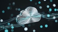 Cloud computing network infrastructure with digital data flow and connectivity visualization for technology and cloud services.