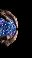 Elderly hands protecting glowing digital network sphere with connected nodes and data visualization on black background for technology concepts.