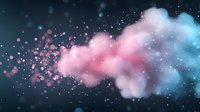 Dreamy pink and blue cosmic clouds with glowing particles floating in dark space, creating ethereal atmospheric effect for mystical backgrounds.