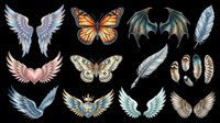 Winged elements collection featuring angelic and fantasy wings in various styles, including monarch butterfly, feathered designs, and ornamental variations. Isolated on transparent background, ready for t-shirt design, clipart, stickers, sublimation, and print-on-demand projects.