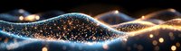 Glowing particles forming dynamic wave pattern with golden and blue light effects on dark background, abstract digital art for technology designs.