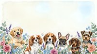 Adorable puppies of different breeds sitting together among watercolor flowers and botanical elements on white background for pet lover designs.