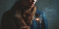 Young woman in fur coat holding sparkler creating magical winter atmosphere with dramatic lighting and festive mood for holiday celebrations.