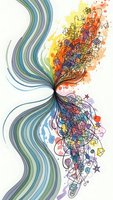 Abstract colorful flowing lines with geometric shapes and watercolor splashes on white background for creative design projects.