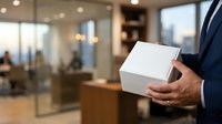 Man in business suit holding white box in modern office environment with blurred colleagues and glass partitions in background, suitable for corporate, delivery, and business concepts.