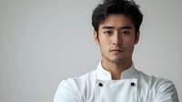 Young Asian male chef in white professional uniform standing confidently against neutral background, arms crossed, looking at camera with serious expression.