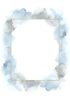 Elegant watercolor frame with soft blue and gray clouds surrounding golden border on white background for wedding invitations and stationery design.