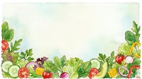 Fresh organic vegetables and fruits arranged in border layout with watercolor style, isolated on white background, suitable for recipe design, menu graphics, and culinary marketing materials.