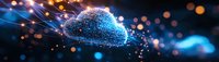 Digital cloud computing network with glowing particles and data streams on dark background with bokeh lights for technology and connectivity concepts.