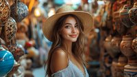 Young Caucasian woman in straw hat and off-shoulder dress smiling at traditional market with decorative lanterns and handicrafts in soft warm lighting atmosphere.