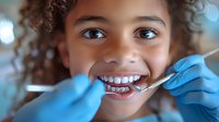 Young mixed-race girl with curly hair smiling during dental examination with dentist hands in blue gloves holding dental tools for oral health checkup.