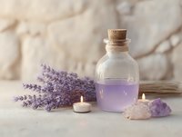 Aromatic lavender spa composition with glass bottle of essential oil, fresh purple flowers, burning candle and healing crystals on light background.