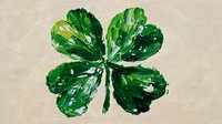 Green four-leaf clover painted with textured brushstrokes on beige background, symbolizing luck and fortune for St. Patrick's Day celebrations.