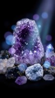 Glowing amethyst geode with purple crystals and quartz stones on dark background, bokeh light effects for spiritual and wellness themes.