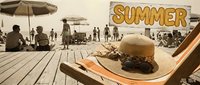 Vintage summer beach scene with straw hat, sunglasses on wooden deck chair, retro sign, and crowd enjoying sunny seaside vacation in warm sepia tones.