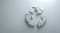 White paper recycling symbol on light background, minimalist eco-friendly concept with crumpled texture showing environmental sustainability and waste management.