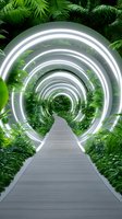 Futuristic tunnel pathway with glowing neon white rings surrounded by lush tropical plants and palm leaves creating an immersive garden corridor perspective.