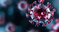 Red microscopic virus cell with spike proteins floating on dark background, detailed molecular structure in close up view showing pathogen surface features.