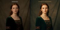 Young Caucasian woman in emerald medieval dress with ornate embroidery posing against dark textured background in renaissance portrait style for historical content.