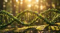 Green DNA double helix structure with golden sunlight and bokeh background representing genetics, biotechnology and molecular science research.