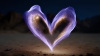 Glowing purple heart shape formed by magical light trails floating above desert ground at night, with sparkling golden particles creating romantic atmosphere.