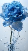 Blue rose with water drops and splash effect on light background, petals covered in crystalline droplets creating magical frozen appearance. Artistic floral photography.