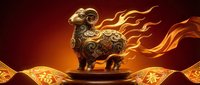 Golden ram sculpture with ornate patterns surrounded by flowing flames and traditional Asian decorative elements on warm gradient background for festive designs.