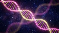 Glowing DNA double helix structure with neon pink and yellow light effects against cosmic space background with stars and nebula for science concepts.