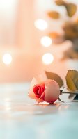 Single pink rose lying on reflective surface with soft bokeh lights in warm peachy background creates romantic atmosphere for valentines and wedding designs.