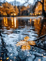 Fallen autumn maple leaf floating on dark water surface with golden bokeh lights reflection creating magical evening atmosphere in park pond.