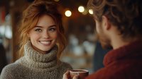 Young blonde woman in cozy turtleneck sweater smiling warmly while having coffee conversation with man in cafe setting with soft bokeh lights.
