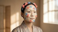 Young Asian woman with traditional floral face paint and colorful flower crown in soft natural lighting for cultural beauty and artistic makeup concepts.
